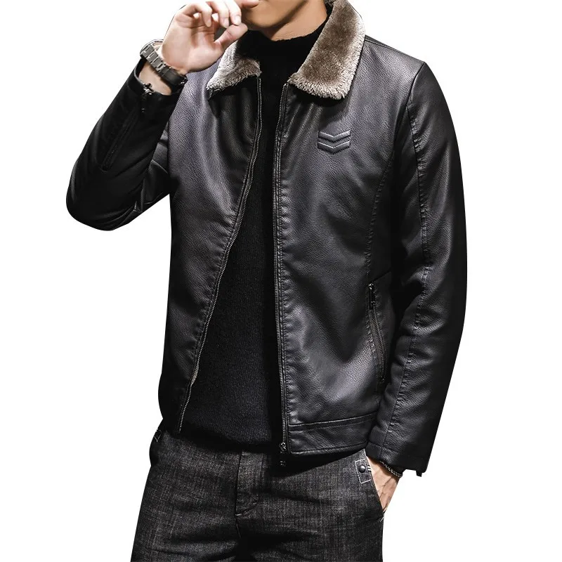 

new Men's leather clothing autumn winter fur one PU leather jacket with fur collar and plush