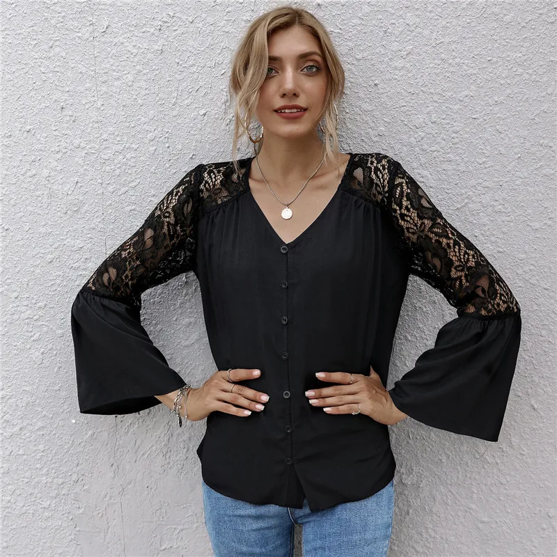 Женская Осенняя кружевная рубашка осенняя черная однотонная праздничная одежда