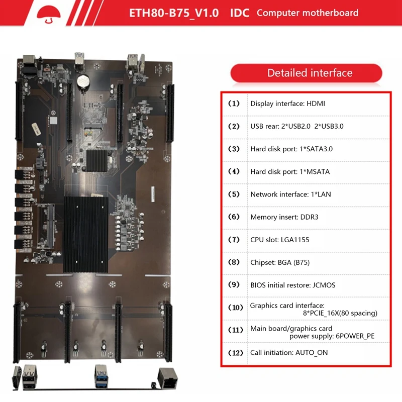 ETH80 B75 BTC Mining Motherboard+8X6PIN to Dual 8Pin Cable+G630 CPU 8XPCIE 16X LGA1155 Support 1660 2070 3090 RX580 GPU | Компьютеры и