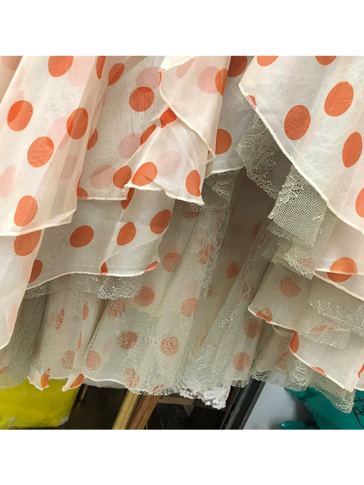 

high Retro polka dot waist cutout irregular multi-layer ruffle dress spring and autumn delivery strap opaque XL