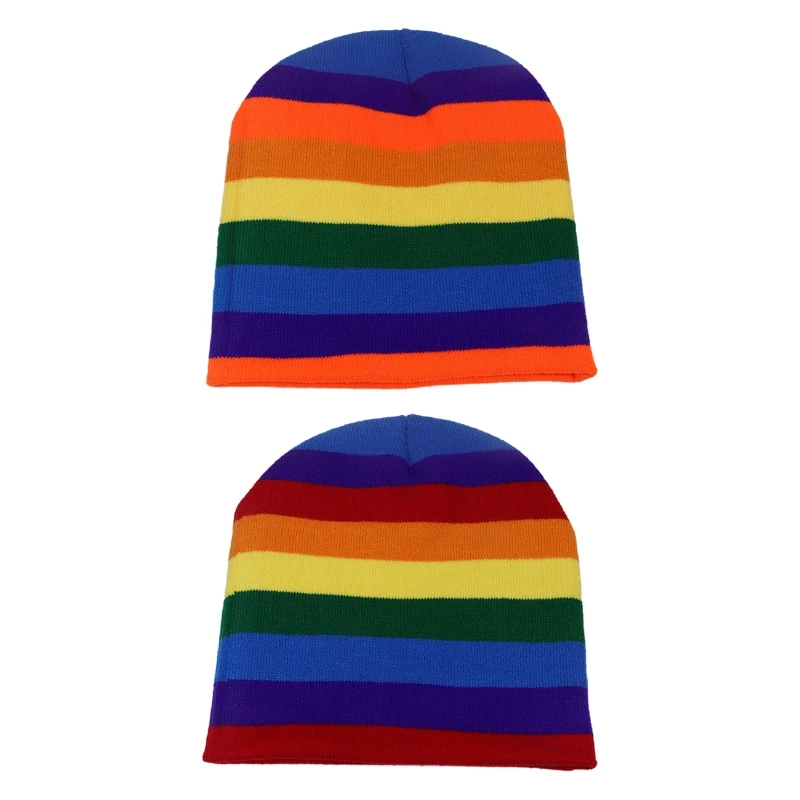 

Зимняя теплая вязаная шапка унисекс в радужную полоску, двухслойная Лыжная шапка с черепом