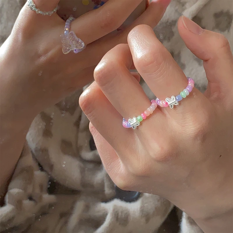 

Sweet Girl Butterfly Crystal Transparent Beaded Rings Colorful Korean Trendy Finger Rings for Women Jewelry Accessories