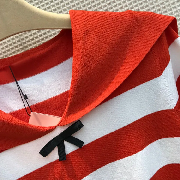 2021 Summer 100% Cotton Knit Shirt Streetwear Women New Naval Academy Striped Bowknot Lapel Bow Short Sleeves Casual Top Sweater