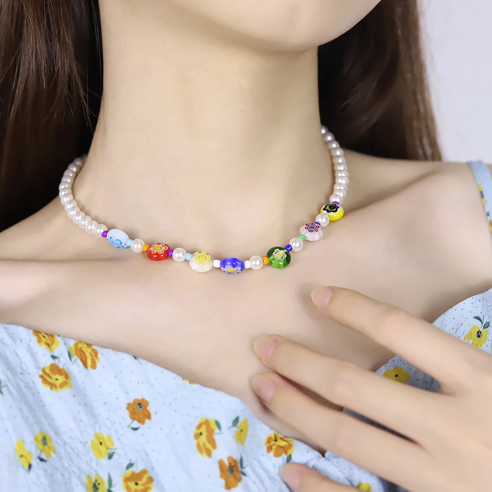 

Pearl Boho Multicolor Beaded Necklaces for Women Bohemian Costume Metal Chain Handmade Beads Flower Necklace Jewelry