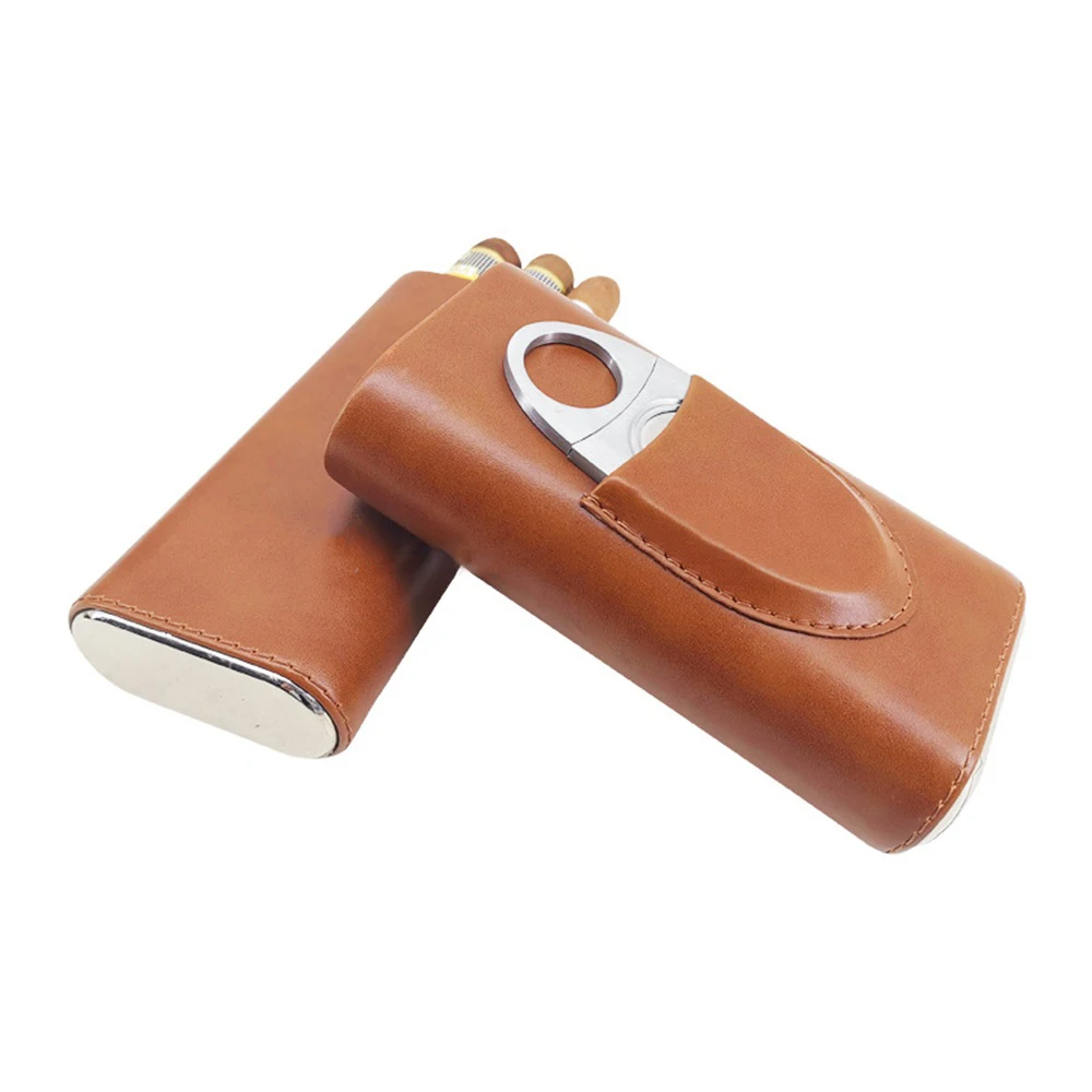 

3-Cigars Humidors Cigar Box Leather Cigar Case with Cigar Cutter Portable Travel Cigar Case Humidor Accessories