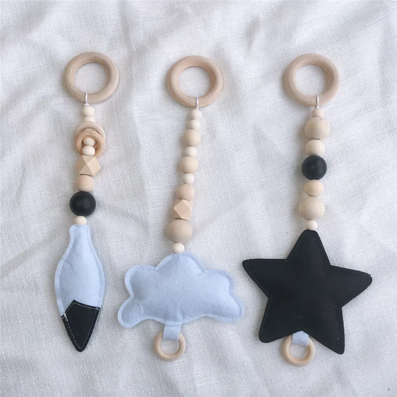 Nordic Wooden Beads Nursery Beads Wall Ornaments With Felt Star Tent Hanging Pendant Baby Rattle Stroller Play Gym Toy Decor
