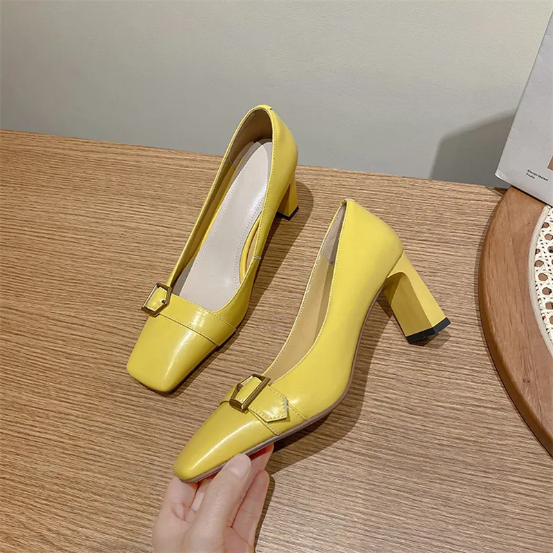 

Meotina Women Shoes Genuine Leather High Heel Pumps Buckle Square Toe Party Shoes Chunky Heels Slip On Footwear Ladies Yellow