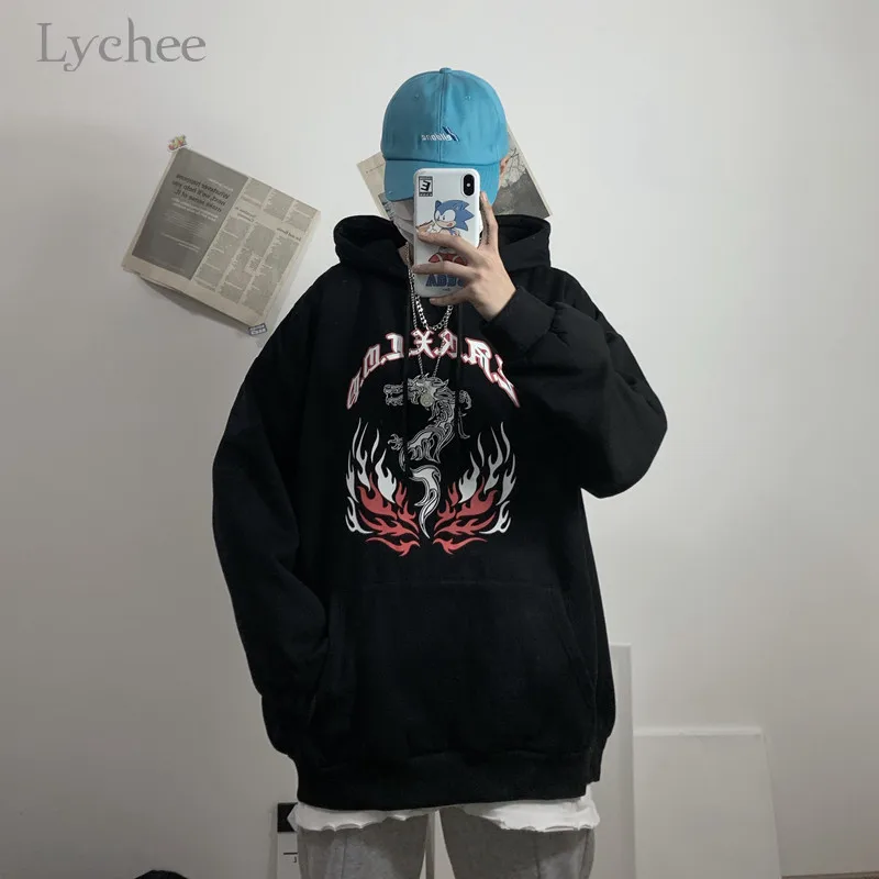 Женский флисовый Свитшот Lychee в стиле Харадзюку С Капюшоном и принтом пламени
