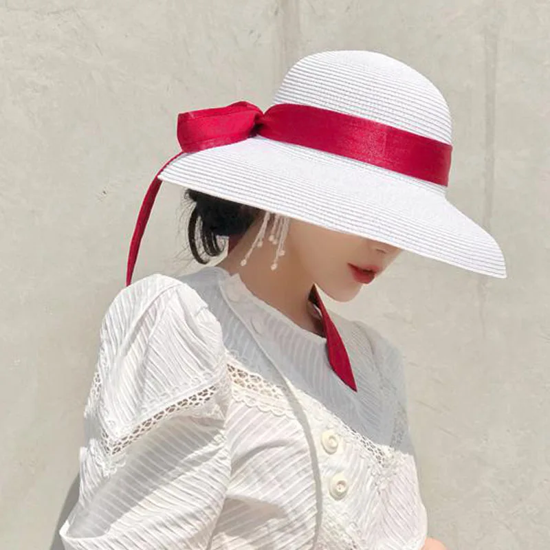 

Summer Hepburn Style Vintage Design Straw Hat Women Girls Solid Color Beach Holiday Big Sun Cap