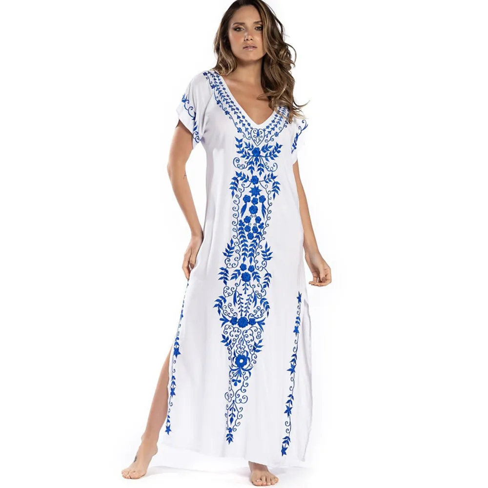 

Women Swimsuit Cover Ups Short Sleeve Kaftan Beach Tunic Dress Robe De Plage Solid White Pareo Beach Cover-ups