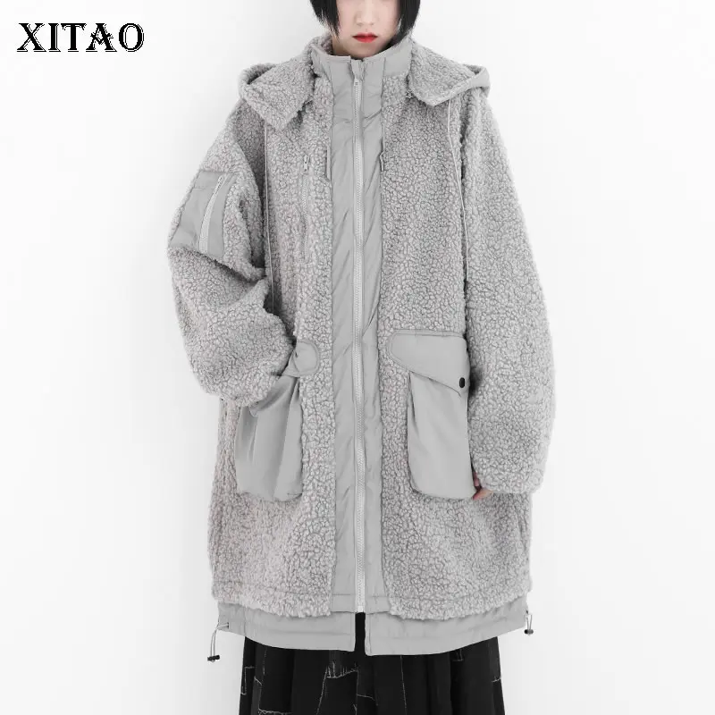 

XITAO, новая плюшевая парка, женская, повседневная, с большим карманом, свободная, модная, однотонная, с капюшоном, воротник, 2021, зимняя, сохраня...