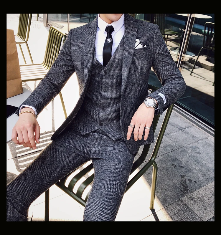 Мужской деловой костюм, официальный смокинг, мужские костюмы, Casacas Hombre Azul Terno Preto, облегающие Серые Ретро костюмы в клетку для мужчин