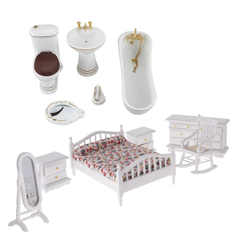 

1: 12 Dollhouse Miniature White Wooden Bedroom Furniture Bed Dresser Mirror & 1/12 Children Doll House Bathroom Furniture Set Ba