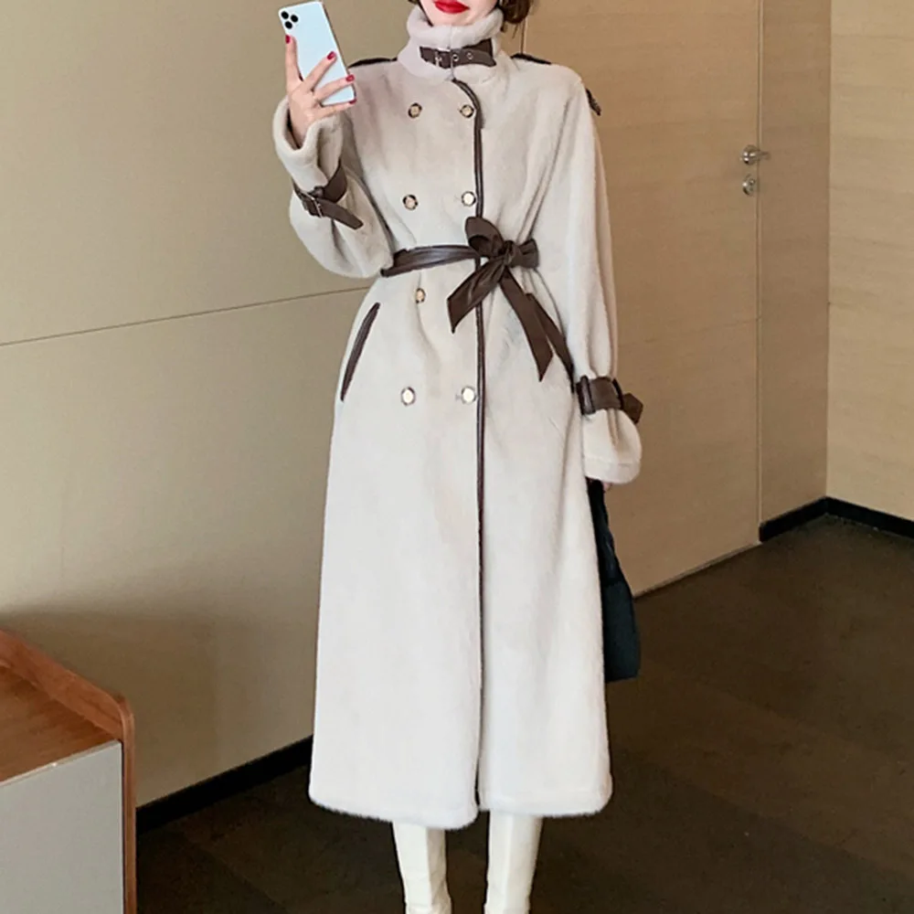 

Korean Version Japanese Winter Jackets For Women Fashion Elegant Hot Sale Splicing Mink Belt Ouble Breasted Long Sleeve