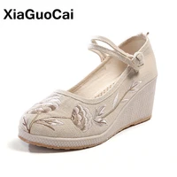 spring autumn women shoes casual embroidered pumps height increasing breathable sweat absorbent ladies high heeled cloth shoes