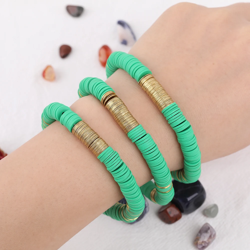 

5Pcs Green Color Polymer Clay Rondelle Beads 8mm Gold Copper Sheets Elastic String Bracelet Boho Heishi Vinyl Beads Jewelry