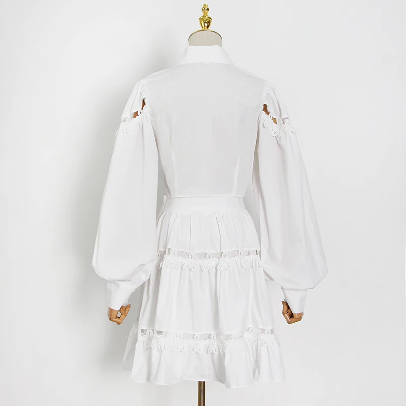 

Green Hollow Out Sets For Women Lapel Lantern Long Sleeve Shirt High Waist Mini Skirt Casual Sets Female 2021 Style