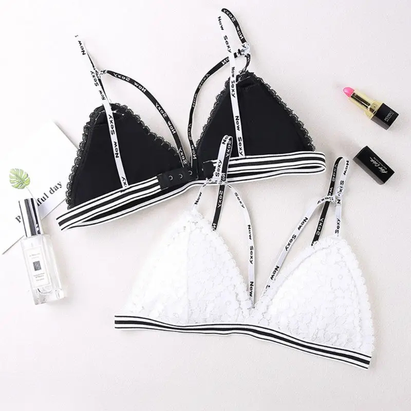 Women Teenage Girl Floral Lace Bra Spaghetti Letters Straps Cross Bandage Crop Top Wireless Removable Padded Striped Band