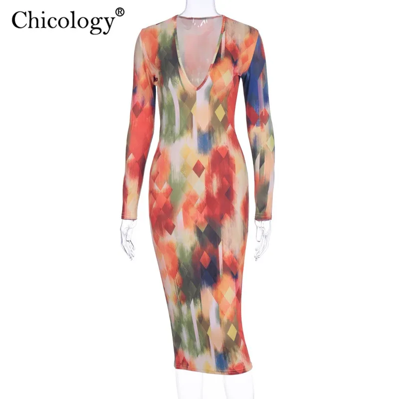 Chicology geometric print longs leeve v neck midi dress women sexy streetwear outfit 219 autumn winter party club casual clothes | Женская