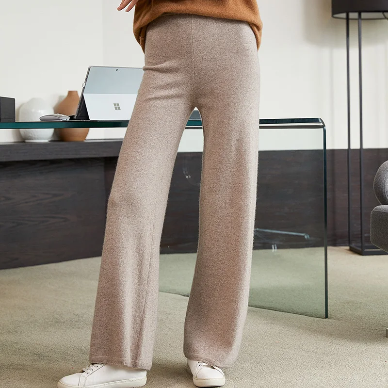 Women 100% Wool Pants 2021 New Autumn Winter Soft Waxy Comfortable High-Waist Knitted Pants Female 6 Color Wide Leg Pants