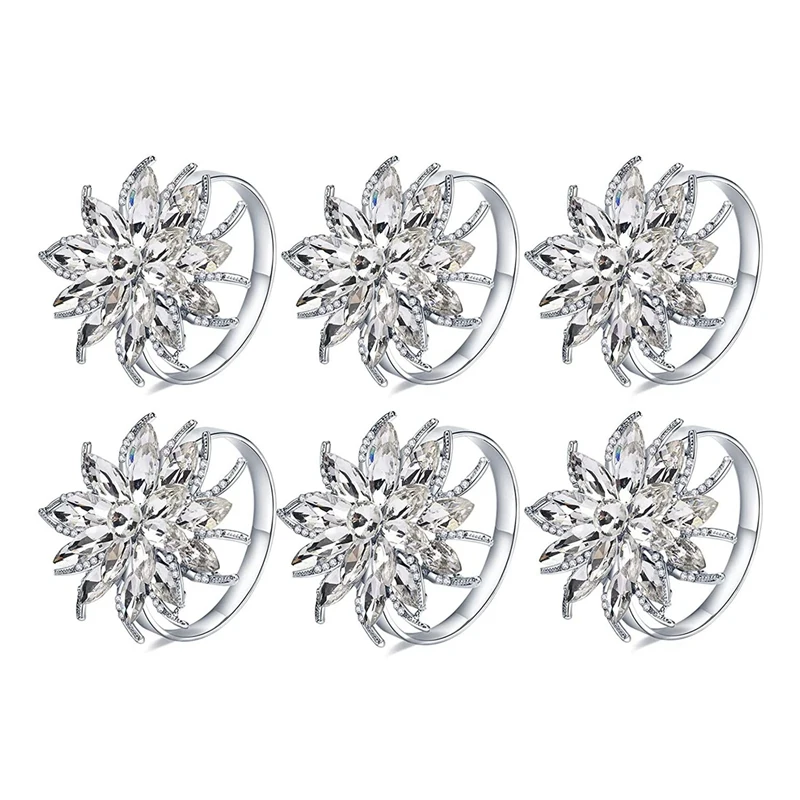 

6PCS Rhinestone Napkin Rings Flower Napkin Rings Buckles Holder for Wedding Birthday Easter Table Linen Accessories
