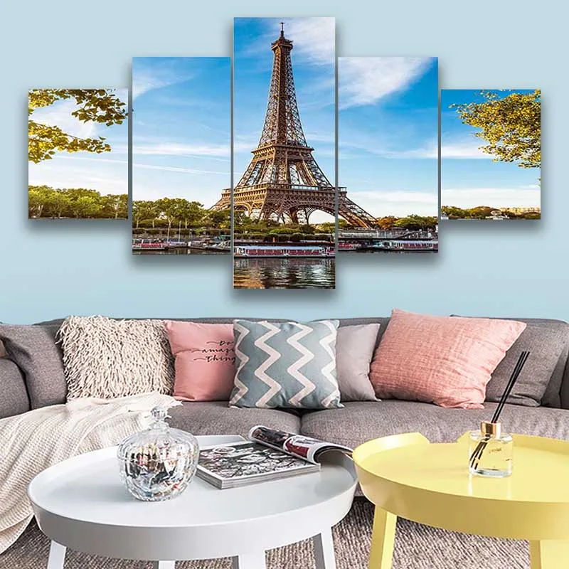 

5 Panels Paris Eiffel Tower Canvas Painting Modular Posters and Prints on the Wall for Living Room Home Decoration No Frame