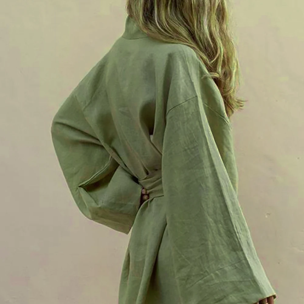 

Lace Up Women's V-Neck Kimono Cardigan Mini Dress Cotton Linen Long Sleeve Sashes Dresse Robe Style Summer Loose Vestidos 2021