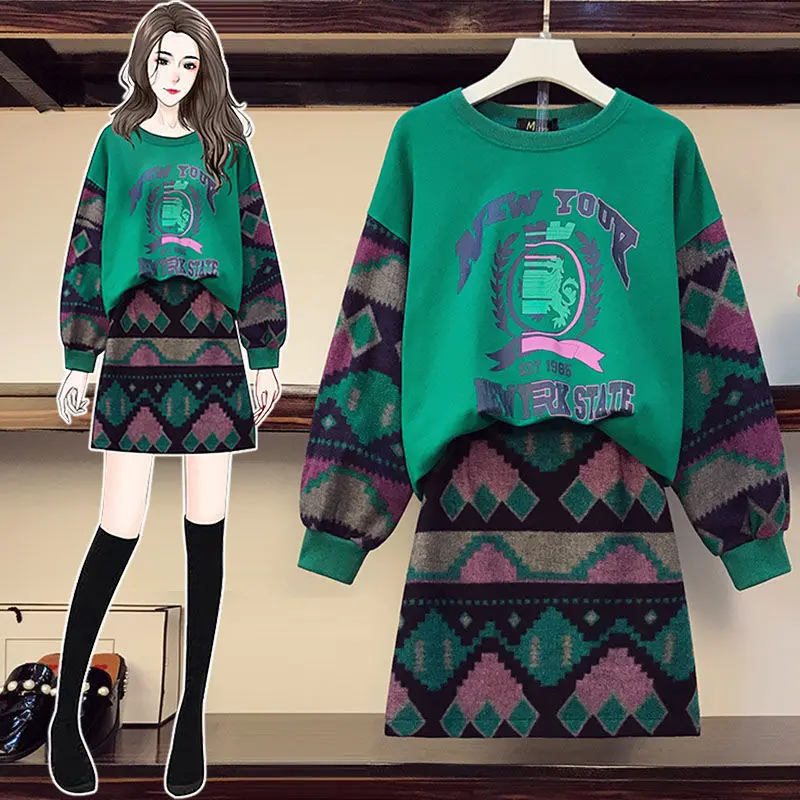 

Plus Size Women's Two Pieces Knitting Clothing Set Autumn Winter Pullover Sweater +Mini Slim Skirt Female Jumpers Suits Set