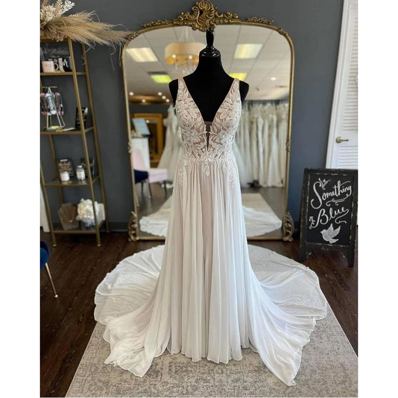 

Шифоновое кружевное платье-трапеция цвета слоновой кости с V-образным вырезом, без рукавов, в пол, свадебные платья со шлейфом для часовни, и...