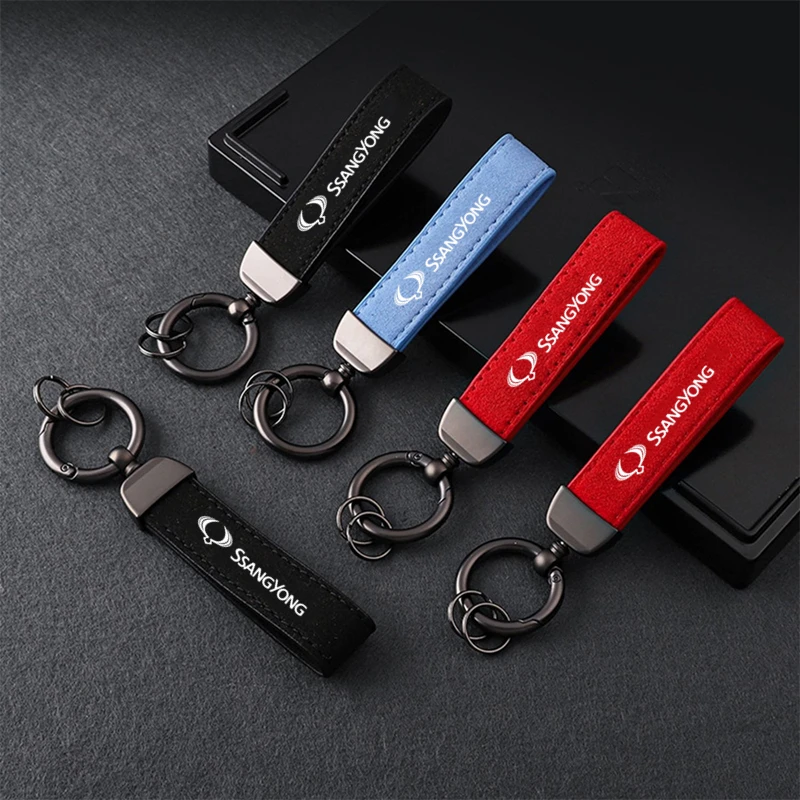 

For SsangYong Actyon Korando Kyron Musso Rexton Tivoli Car Key Pendant Split Rings Keychain Leather Keyring Car Vehicle KeyChain
