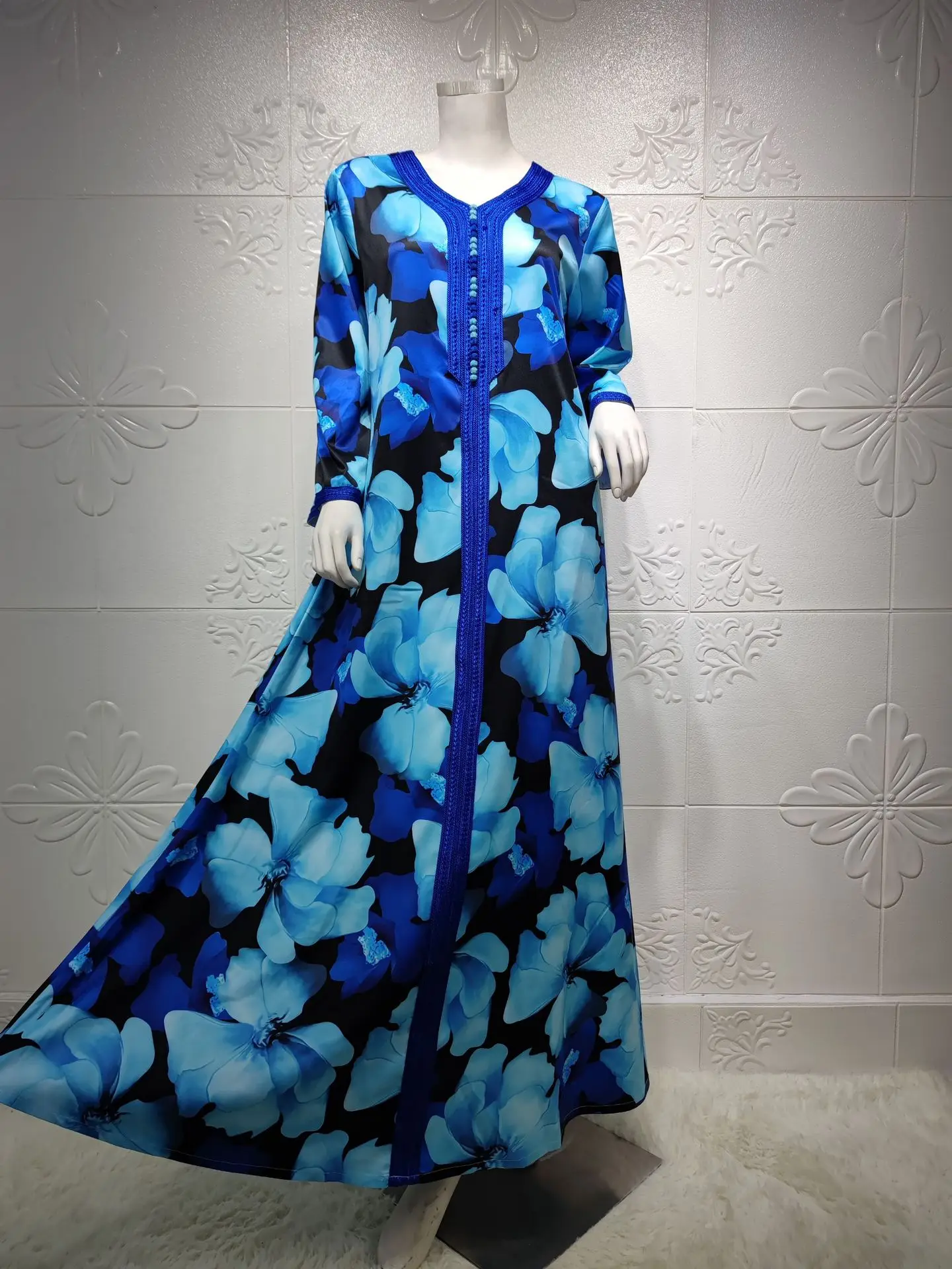 

2021 New Middle East Dubai Saudi Arabia Fashion Libya Kaftan Women's Printed Long Lace Dress Abaya Muslim Robe Turkey