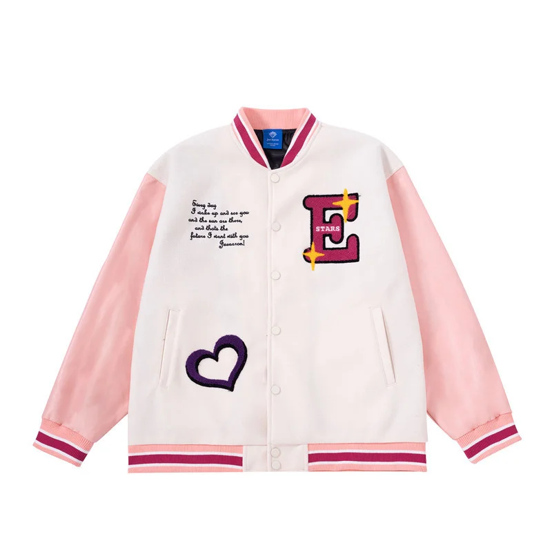 

Men And Women Bomber Jacket Letter Embroidery Flocking Stitching PU Leather Loose Casual Couple Tops For Fall/winter 2021
