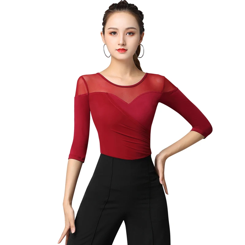 

2020 Latin Dance Tops For Women New Sexy Mesh Clothes Modern Dance Practice Clothing Rumba Tango Samba Salsa Dance Costumes