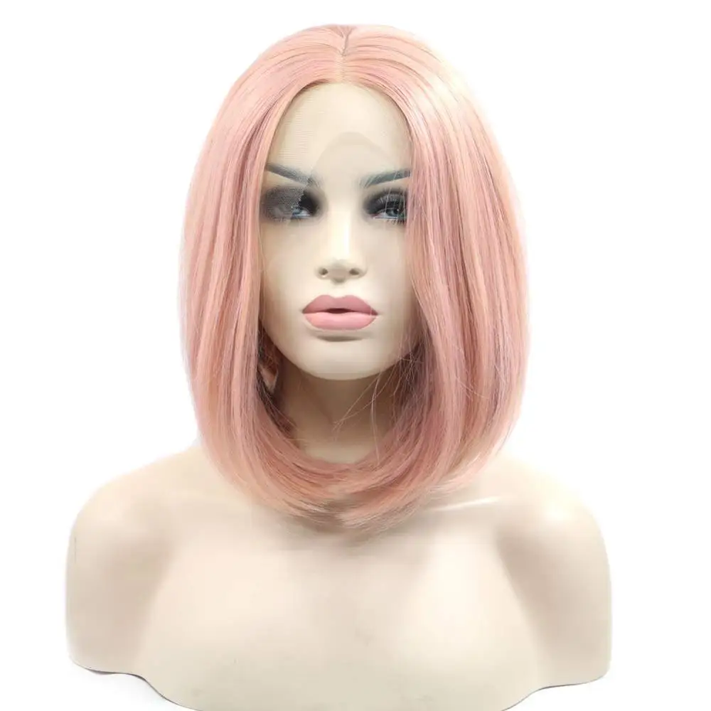 Персиковый розовый короткий боб синтетический парик фронта шнурка оранжевый для