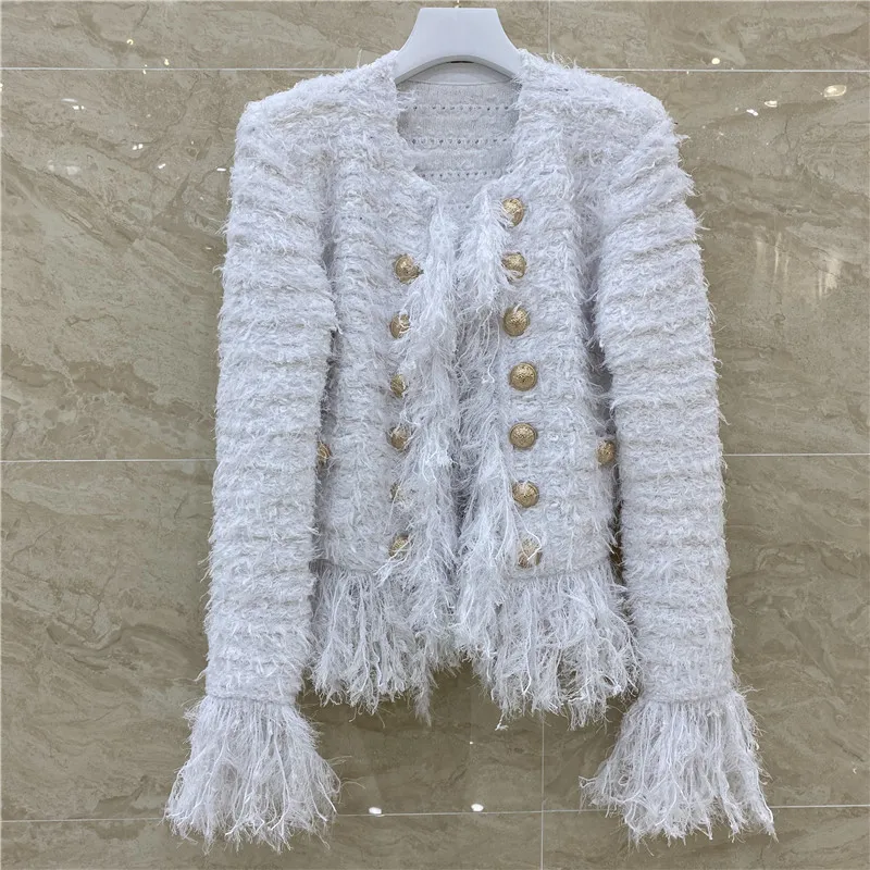 

Wool beard tassel woven tweed retro temperament elegant jacket women double breasted outwear