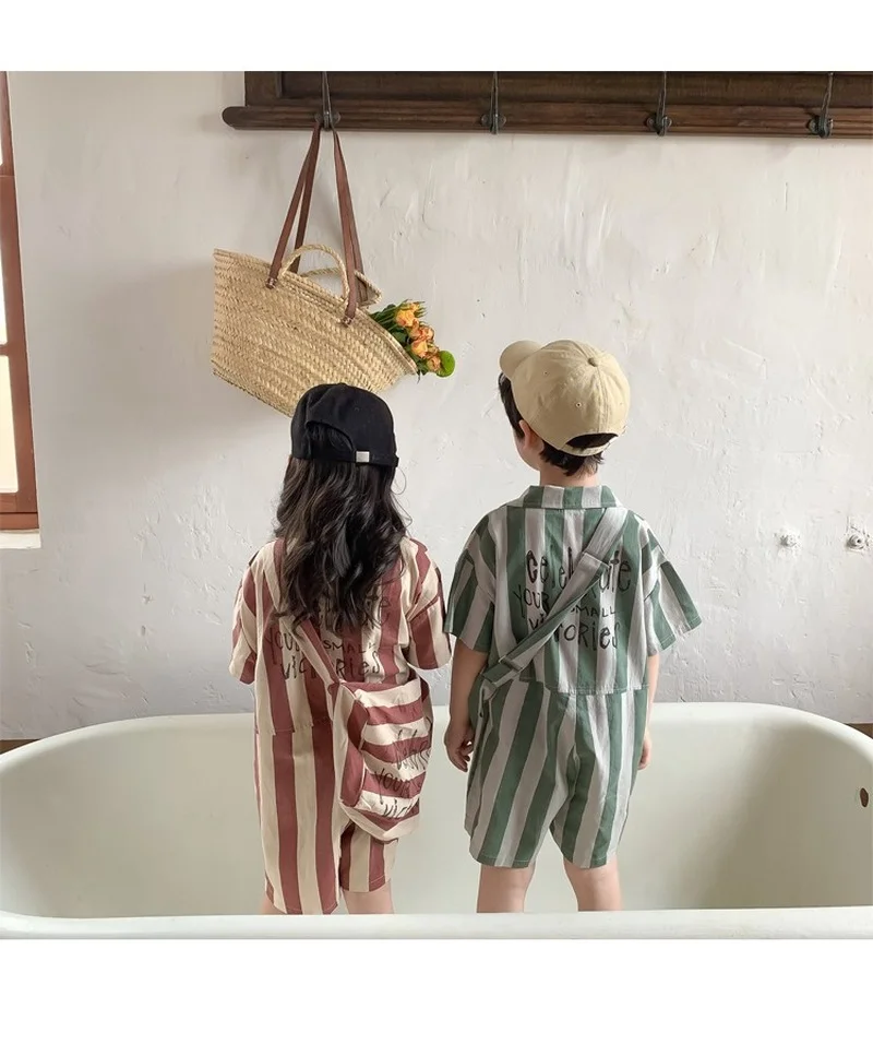 

Korean style Unisex Kids loose striped one-piece clothes summer boys and girls fashion short sleeve jumpsuits