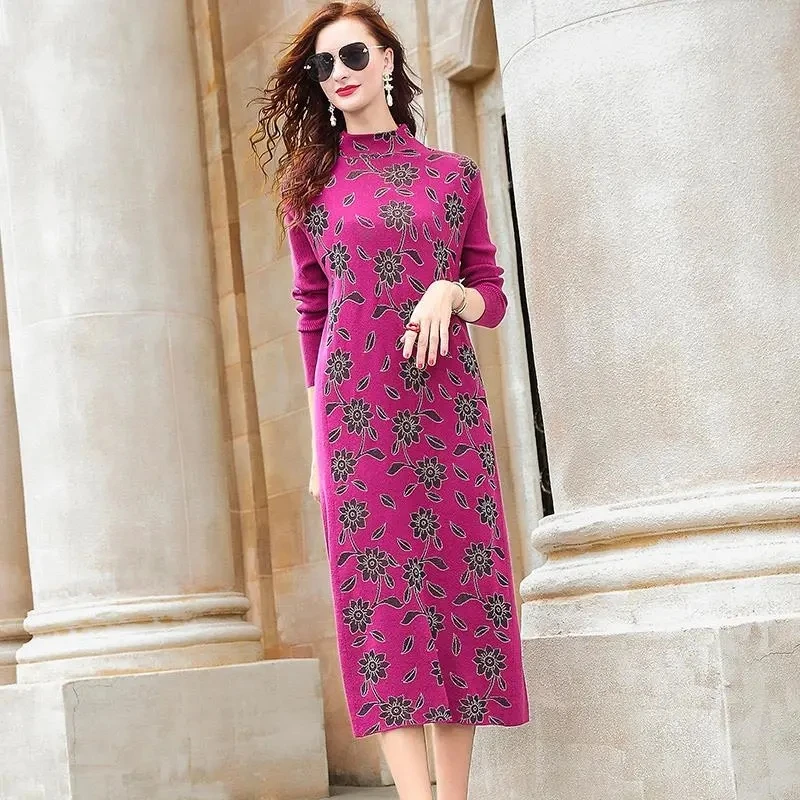 

Mei Red Female 2021 New Wealthy Woman Long-Sleeved Jacquard Knitting Dress Loose Over-The-Knee Dresses Base Coat Sweater Dress
