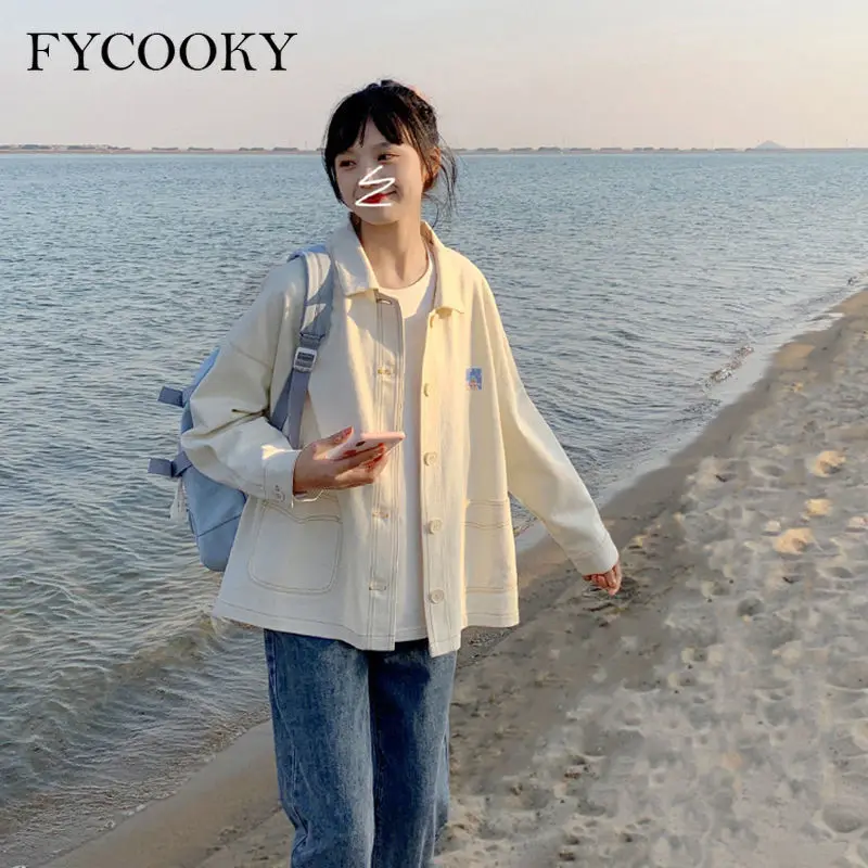 

College Style Casual Short Jacket Women Japanese Bright Line Thin Jackets For Autumn 2021 New Streetwear Outwear Shirt Plus Size