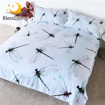 BlessLiving Dragonfly Bedding Set Simple White Duvet Cover Light Green Pink Wings Bedspread Stylish Bed Set for Kids Adult 3pcs 1