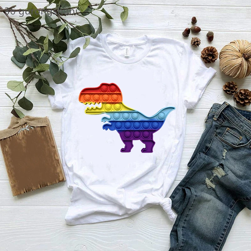 

Funny Colorful Rainbow Dinosaur Fidget Toys Print T Shirt поп ит Pop It T-Shrit Women Clothes Short Sleeve T-Shirts 90s Top