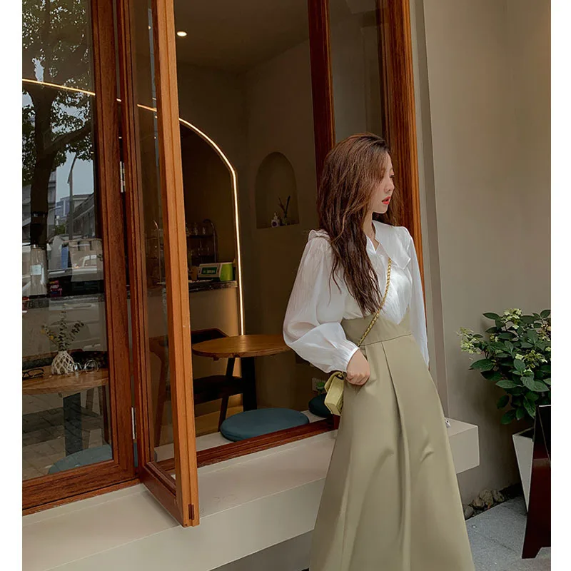 

Женский костюм с юбкой, новинка 2021, Элегантная универсальная Милая рубашка с длинным рукавом и юбка на бретелях, осенняя одежда из двух пред...