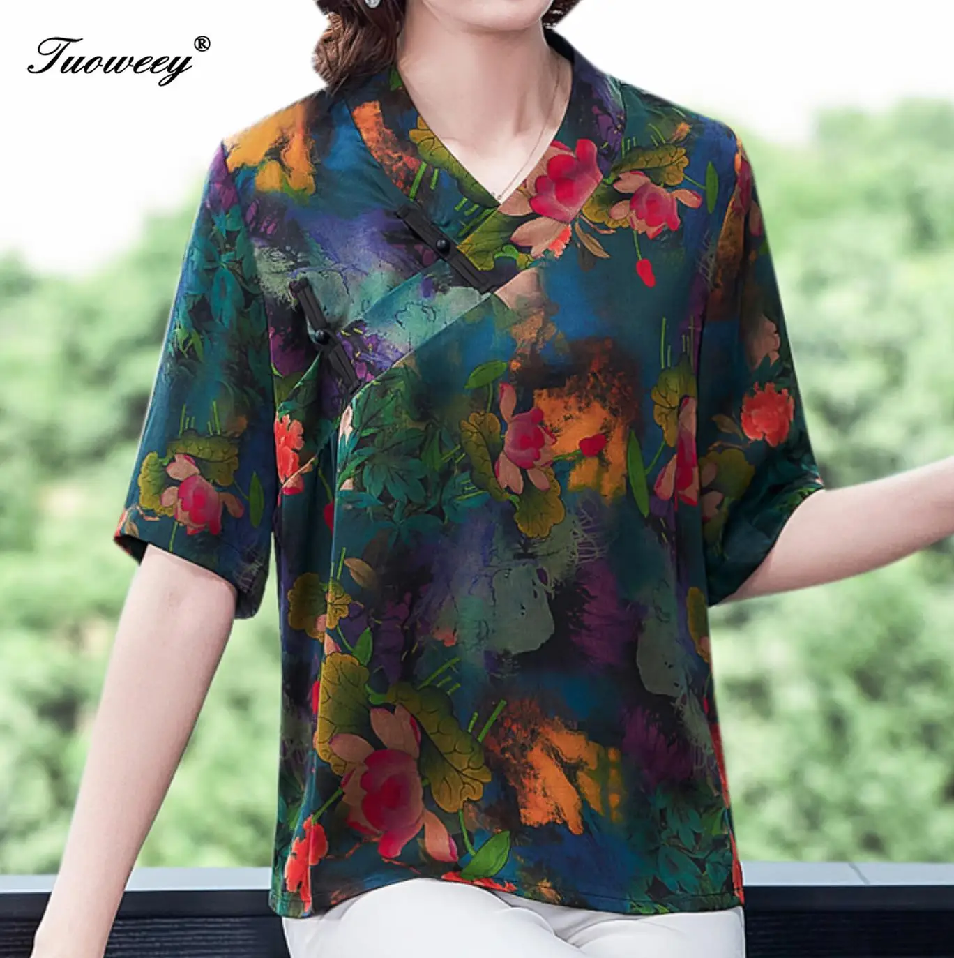 

2020 New Blouse V-neck office Floral Print Blouse Women high quality Loose Women's Tops short Sleeve Summer And Spring