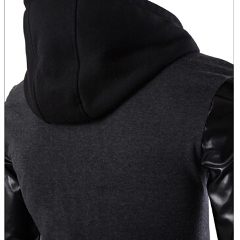 

High Quality New Men Hooded Jacket And Coat Autumn Casual PU Leather Sleeve Slim Outerwear Coat Men Zipper Coat Hoody Sportswear