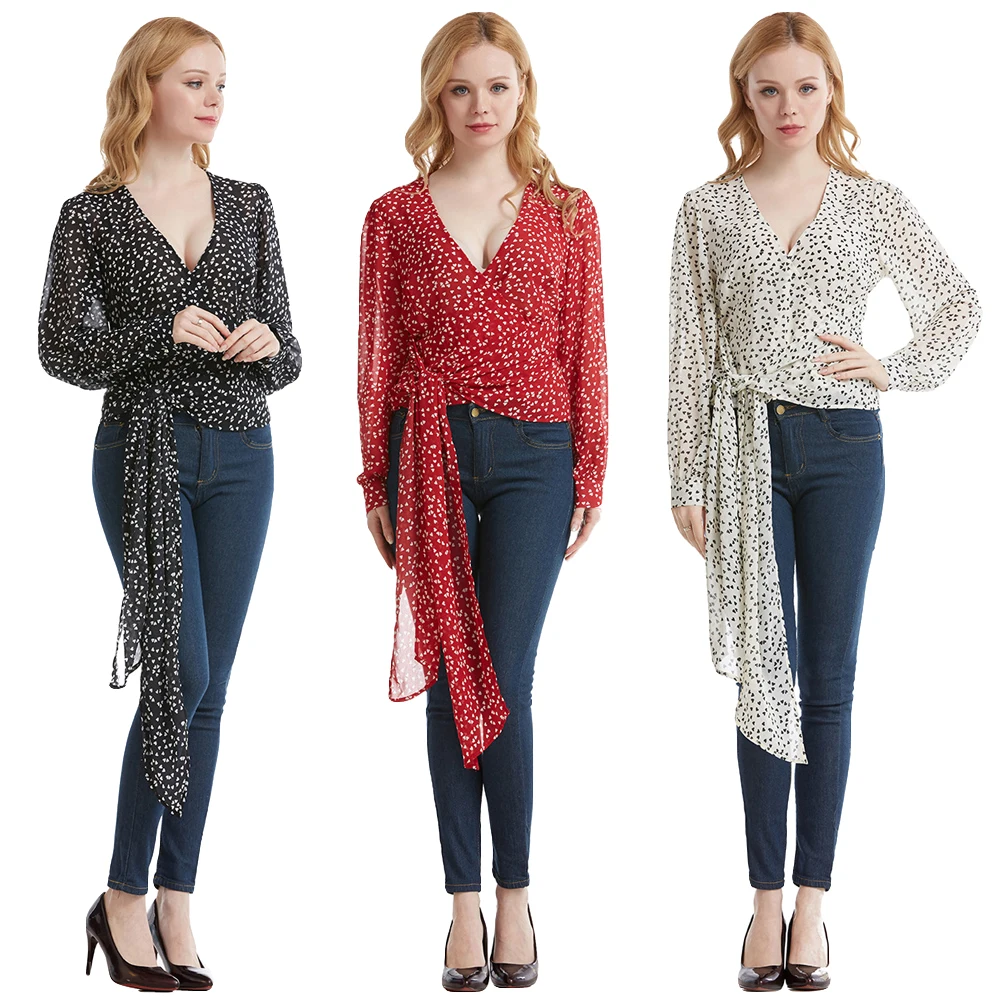 Женская шифоновая блузка с цветочным принтом длинным рукавом и V-образным