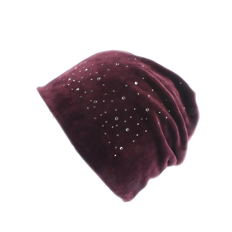 Бренд Для женщин Стразы громоздкая сумка Beanie Шляпа Повседневное осень-зима бархат шляпа для Для женщин Женский капот Череп Шапки-бини