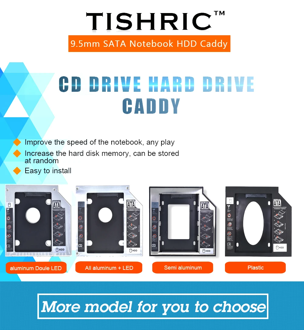 Tishric Универсальный алюминиевый/пластиковый 9,5 мм SATA 3,0 2," HDD Caddy пластиковый кейс адаптер DVD HDD Жесткий для ноутбука CD Optibay