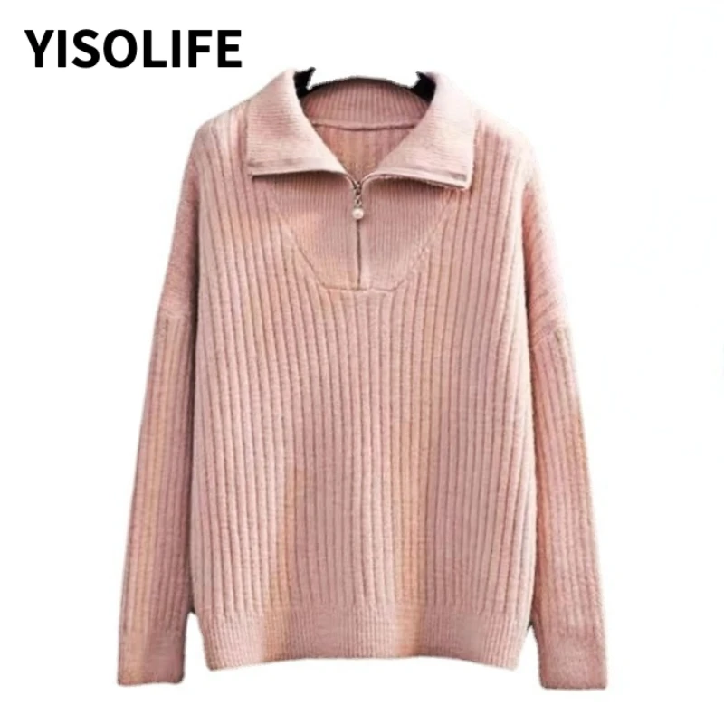 

Autumn Winter Thickening Knitted Sweater Women Casual Zipper Polo Collar Loose Knitted Pullovers Female Jumper Fall Clothing