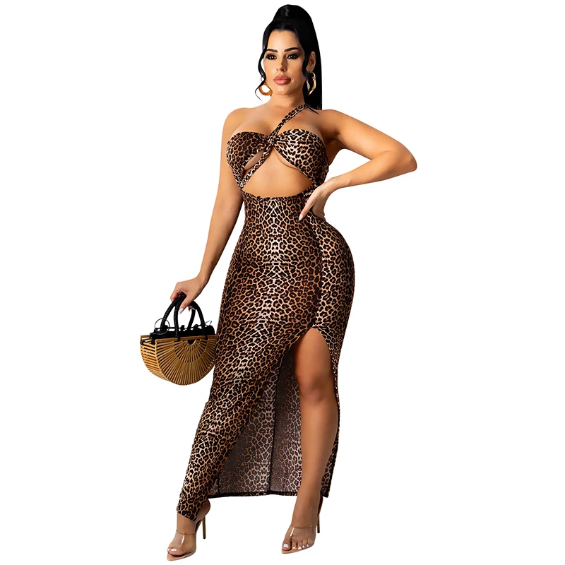 

Women Sexy One Shoulder Backless Hollow Out Leopard Print Bandage Long Slip Dress Bodycon High Split Party Club Maxi Dresses