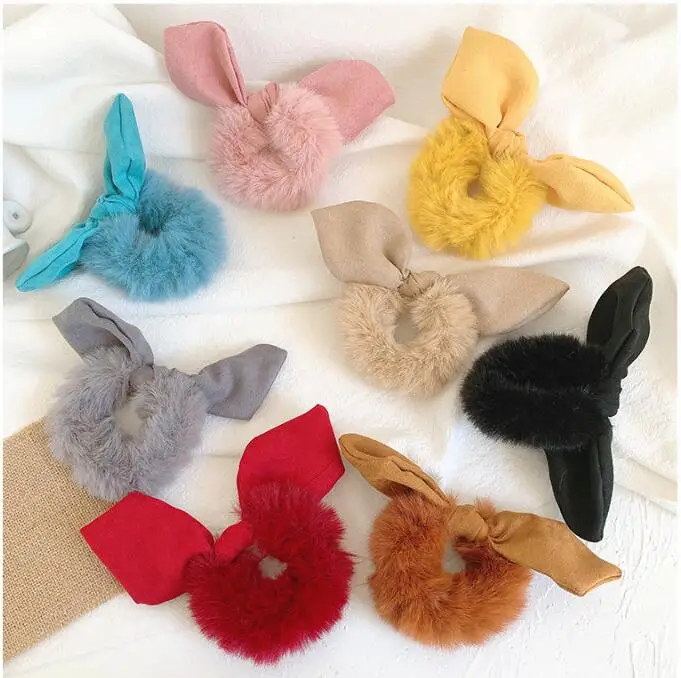 

60pcs/lot DIY Simple Multi Plush Rabbit Fur Bowknot Hair Band Bunny Ears Rubber Bands Hair Styling Tools Accessories HA1749