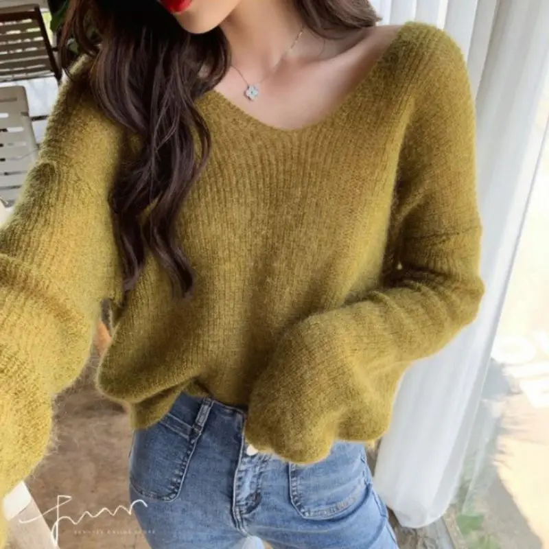 Autumn Women Knitted Sweater Solid Color Mohair Pullover V Neck Sweet Loose Long-sleeve Knitwear Sweaters jumper pull femme Tops | Женская